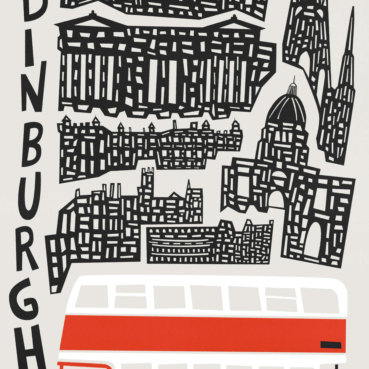 A stylized black-and-white Edinburgh cityscape graphic with buildings and a red double-decker bus on a light gray background.