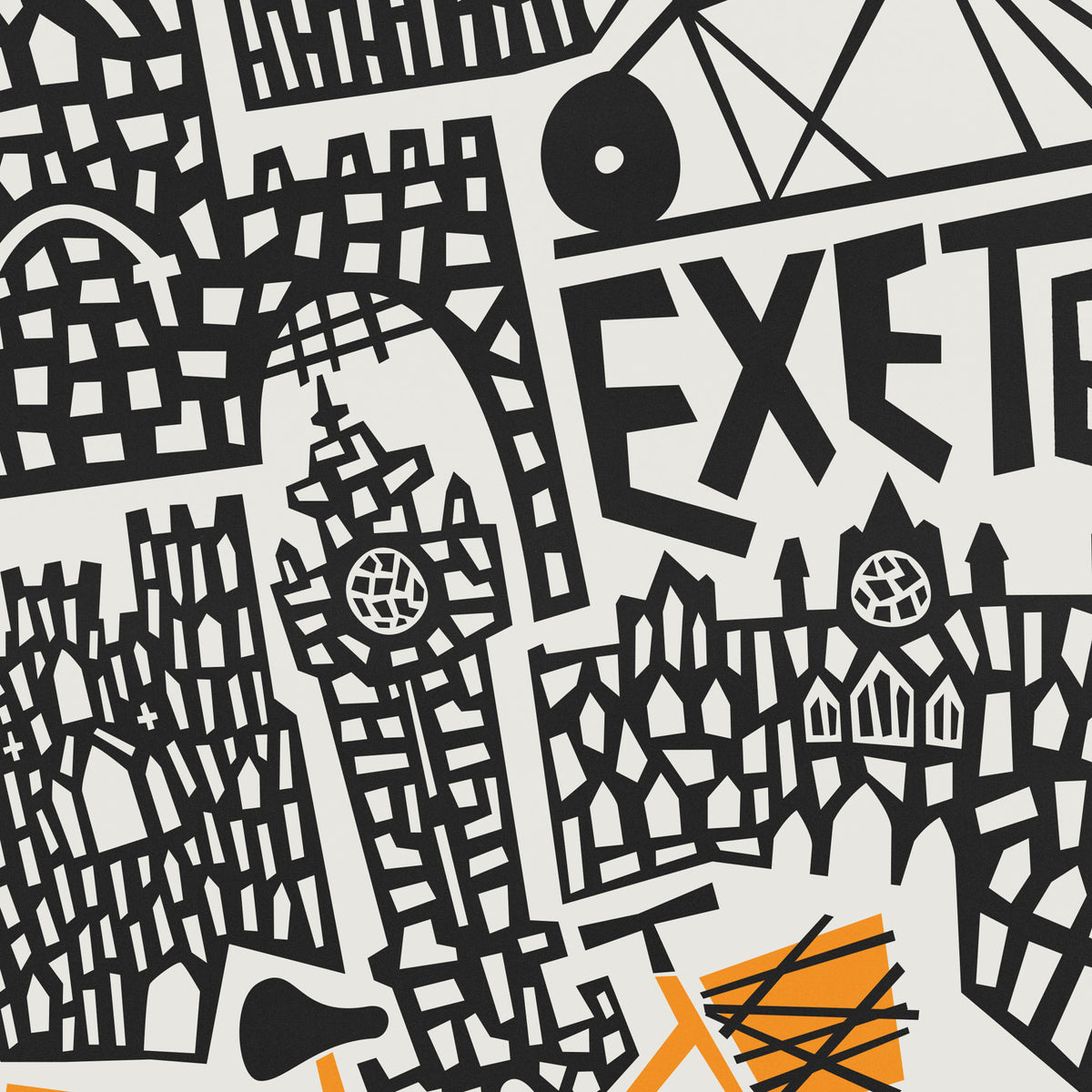 A close-up of a graphic pattern featuring black stylized illustrations of London landmarks, including Big Ben and the London Eye, alongside the word 'EXETE' in bold black letters on a light gray background with small orange accents.