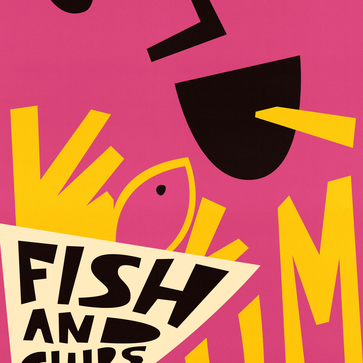 A bold graphic art print featuring a stylized pink background with yellow and black abstract shapes, including a fish silhouette and the text 'FISH AND CUPS' on a cream-colored banner.