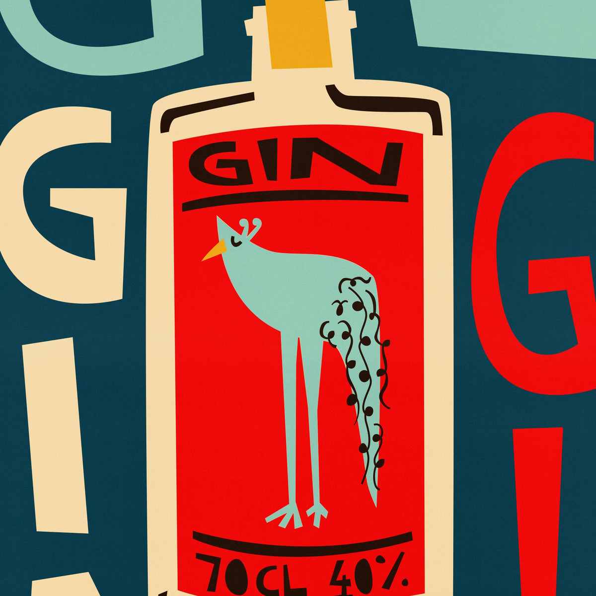 A stylized graphic print of a gin bottle with a red label, cream bottle body, and a light blue bird illustration on a dark teal background with large abstract letters.