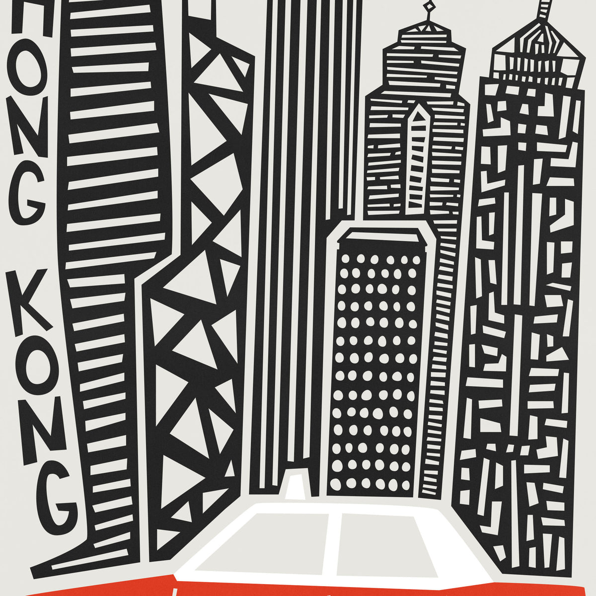 A stylized black, white, and gray cityscape graphic featuring tall skyscrapers, with the word “HONGKONG” running vertically along the left side and a red band at the bottom.