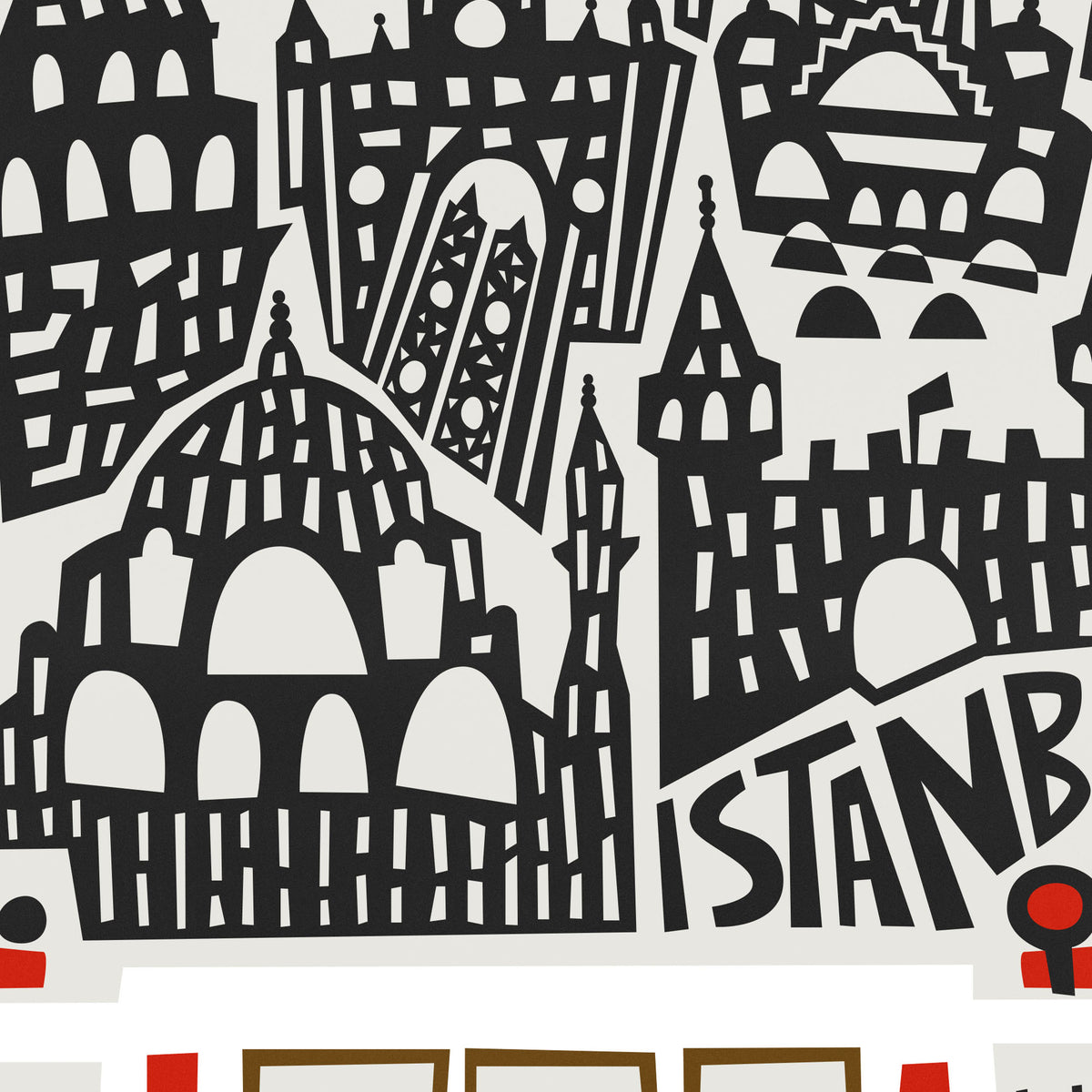 A close-up of a black and white architectural cityscape illustration with stylized domes, spires, and the word “ISTANBUL” in large letters, plus a small red circular accent near the lower right.