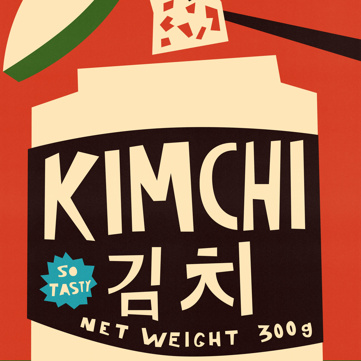 A stylized graphic label or packaging design for kimchi, with large cream text reading 'KIMCHI' and Korean characters on a dark brown panel, set against a red background with partial illustrated food elements at the top.