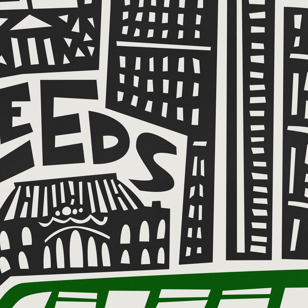 A close-up of a graphic print featuring black stylized buildings, large letters, and a green horizontal band at the bottom on a white background.