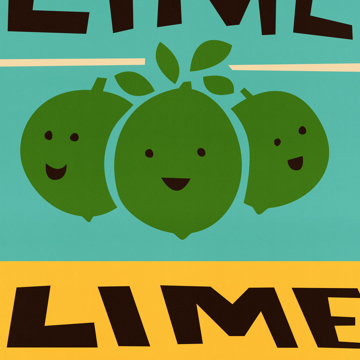 A stylized graphic print featuring three smiling green limes on a turquoise background, with the word 'LIME' in large dark brown letters at the top and bottom and a mustard yellow band across the lower section.