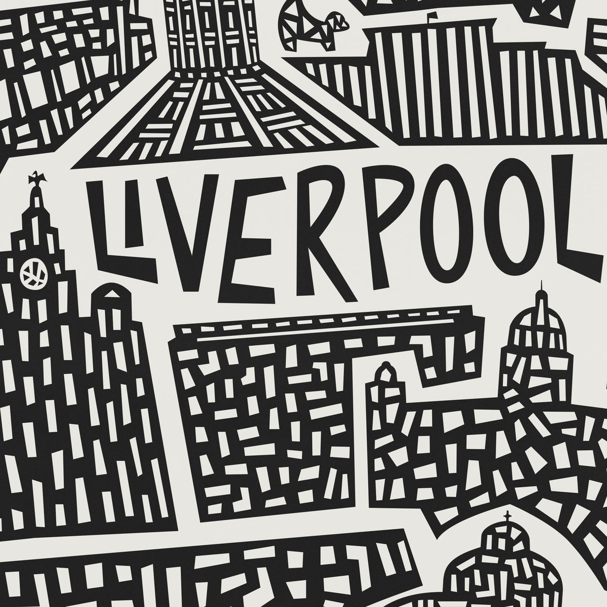 Black and white graphic print featuring stylized cityscape illustrations and the word 'LIVERPOOL' in large bold letters across the center.