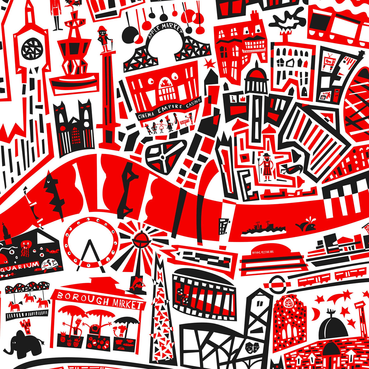 A red, black, and white illustrated collage of London landmarks and street-style icons, including Big Ben, London Eye, Borough Market, and the London Eye, arranged in a repeating pattern on a white background.