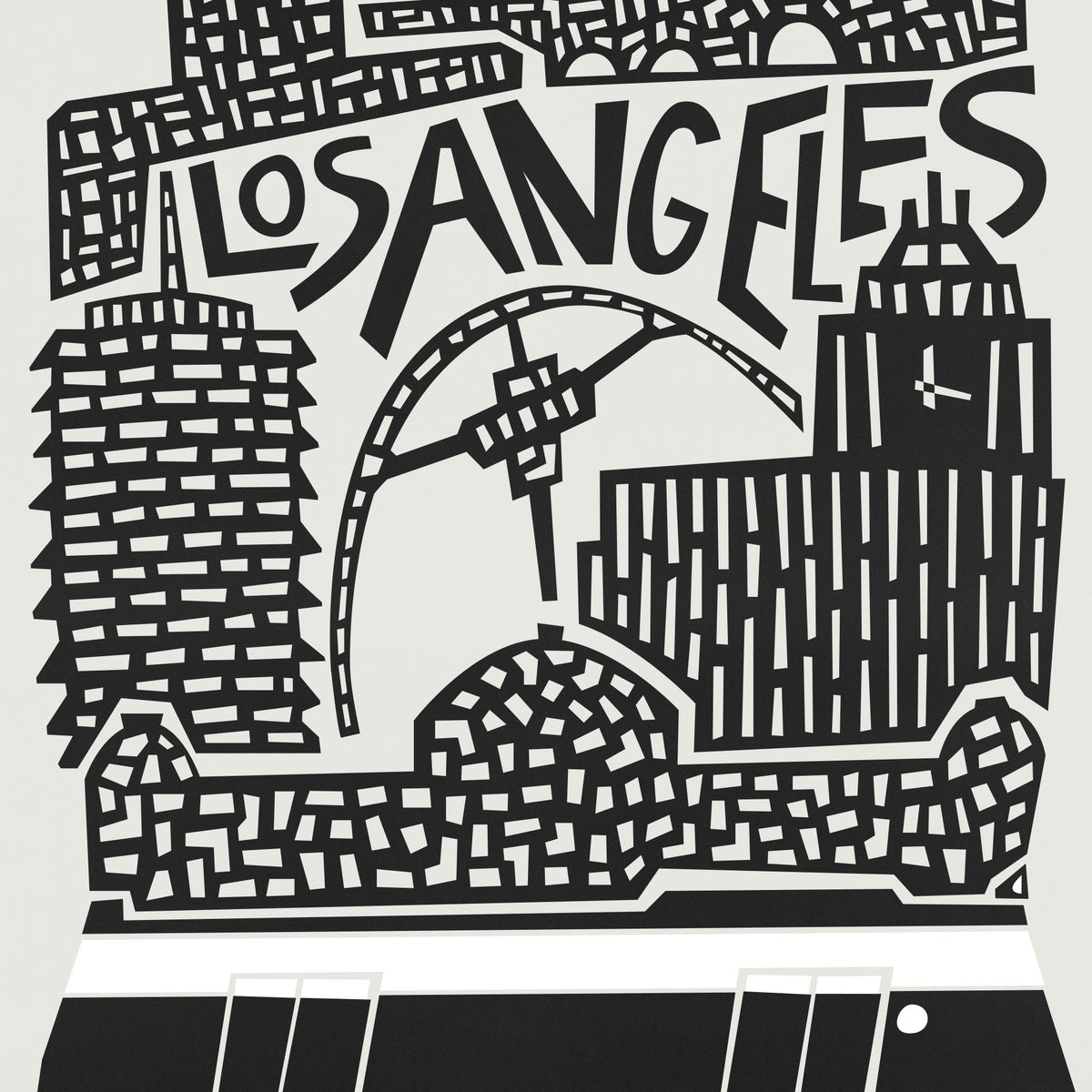 Black and white graphic print featuring a stylized cityscape with the word 'Los Angeles' in bold lettering, buildings, and a bridge, shown on a light background.