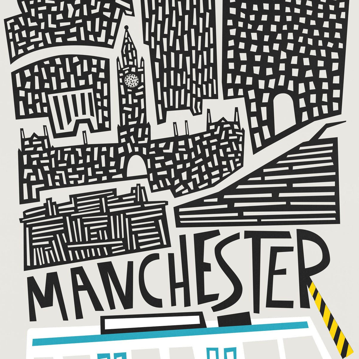 A stylized black-and-white illustrated cityscape of Manchester with the word "MANCHESTER" in large bold letters and a small blue-and-yellow striped element at the bottom right.