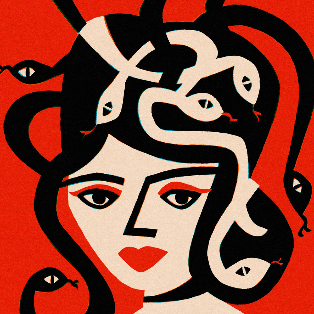 A stylized pop-art illustration of a woman's face with snakes winding through her hair, set against a solid red background.