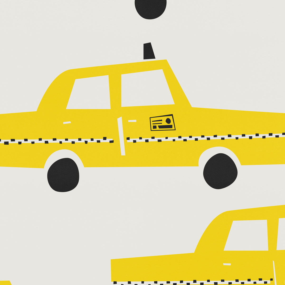 Yellow taxi car pattern on a light gray background, featuring stylized yellow cabs with black wheels, windows, and a dashed black-and-white stripe along the side.
