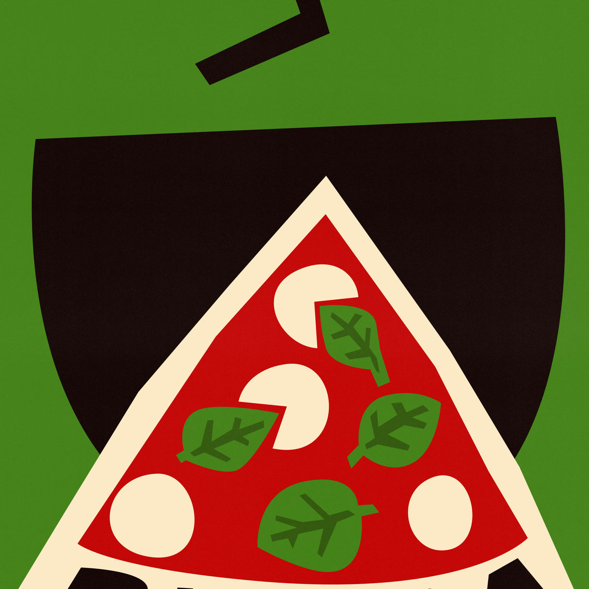 A stylized graphic illustration of a slice of pizza with green leaves and white circles on a red base, framed by a cream border against a green background with a dark brown shape behind it.