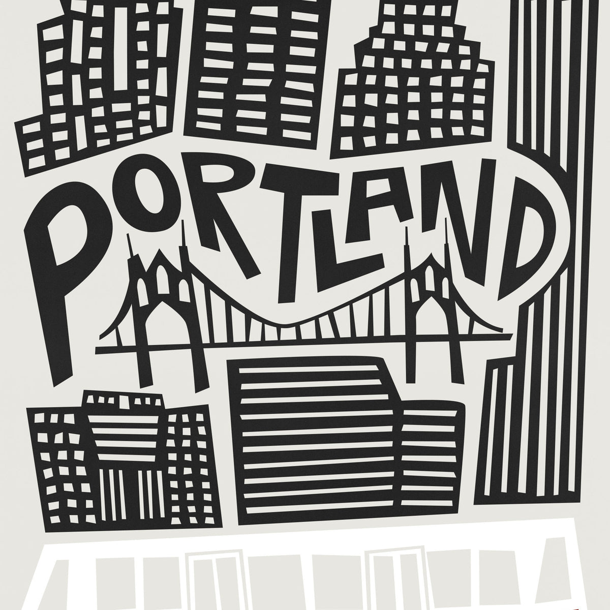Black and white graphic art print featuring a stylized city skyline with the word 'PORTLAND' in large bold letters, a suspension bridge, and multiple buildings.