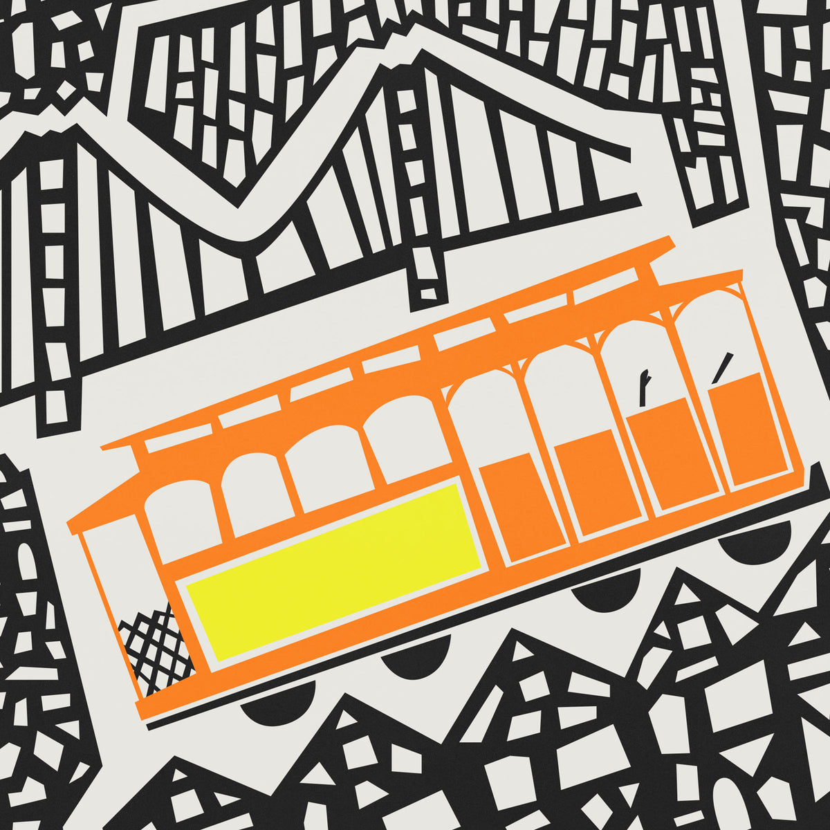 A stylized graphic illustration of San Francisco and of an orange cable car with a bright yellow front panel, set against a black-and-white geometric cityscape background.