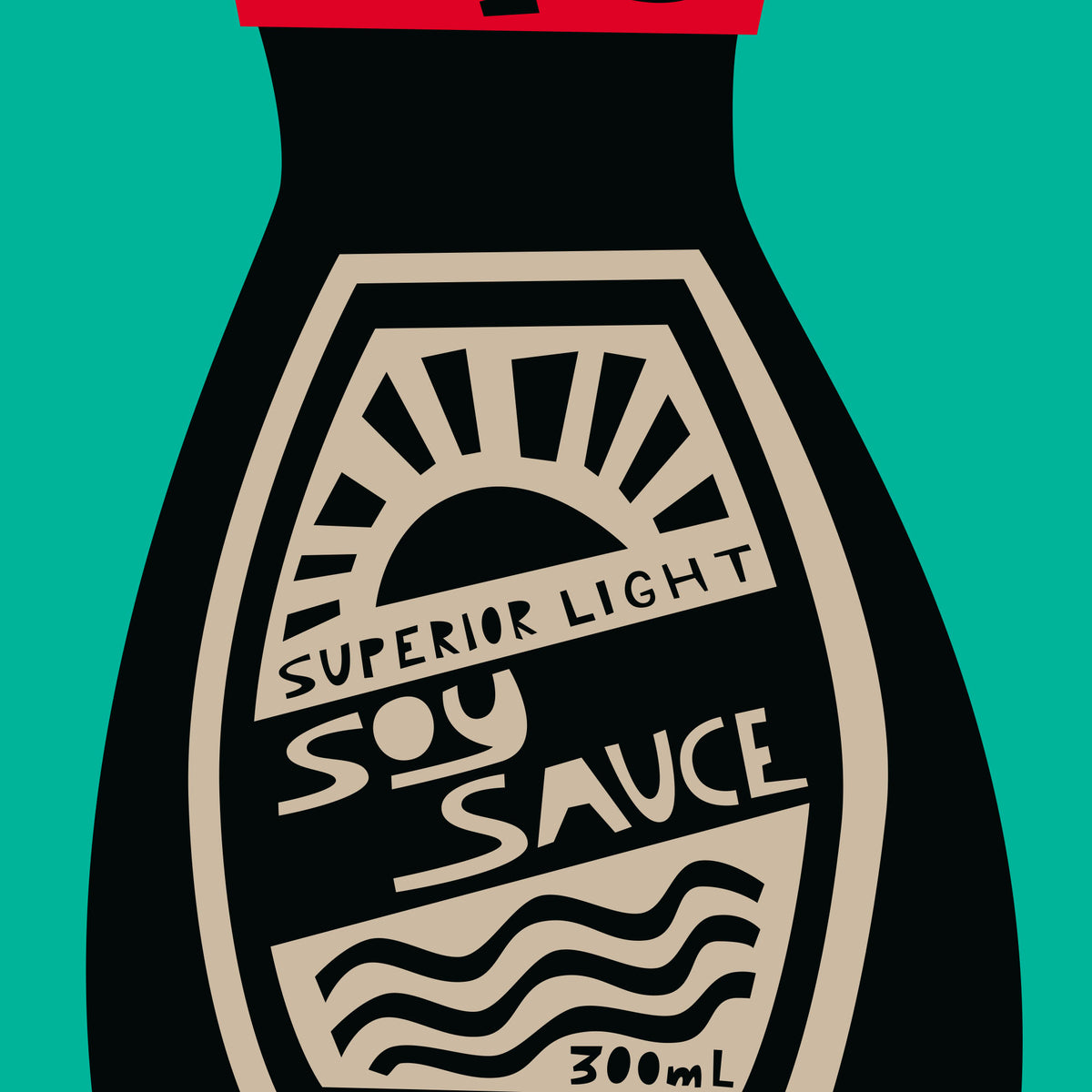 A stylized graphic of a soy sauce bottle on a solid teal background. The bottle is black with a beige label reading 'SUPERIOR LIGHT SOY SAUCE' and '300mL'.