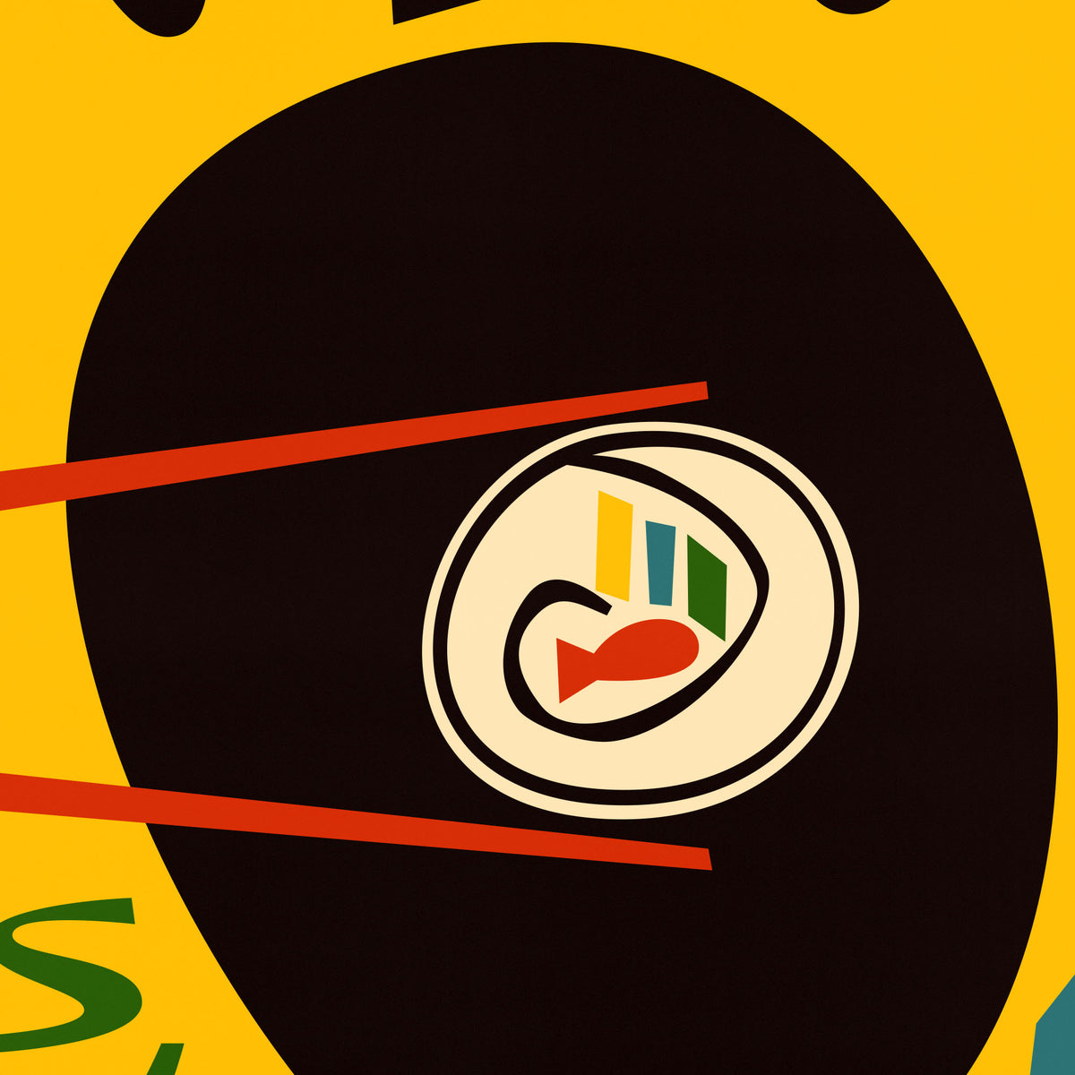 A close-up graphic print featuring a large black oval on a bright yellow background, with two red diagonal lines crossing near the center and a circular emblem containing a red fish and small multicolored vertical bars.