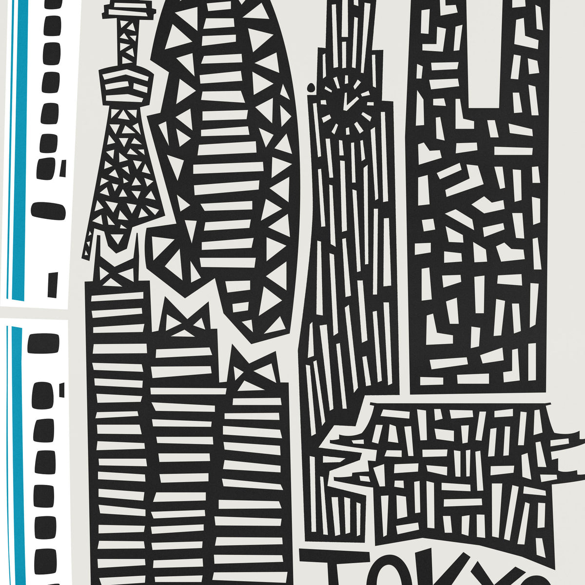 A black and white graphic illustration of Tokyo landmarks, including the Tokyo Tower, Tokyo Dome, and Tokyo Clock, rendered in a bold geometric patterned style.