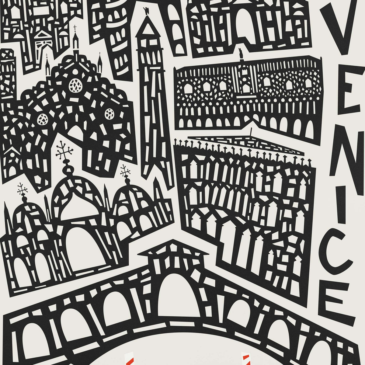 A black and white graphic illustration of Venice, featuring stylized architectural landmarks and the word 'VENICE' printed vertically on the right side.