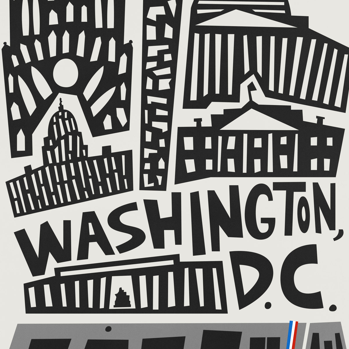 A black and white graphic art print featuring stylized silhouettes of Washington, D.C.