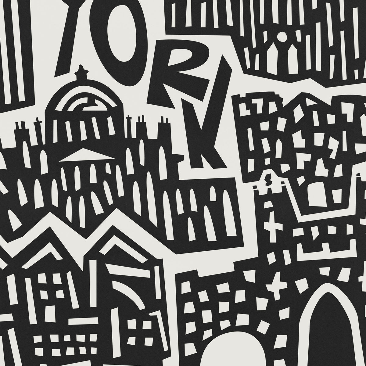 Black and white graphic art print featuring stylized city buildings and large abstract lettering spelling 'YORK'.