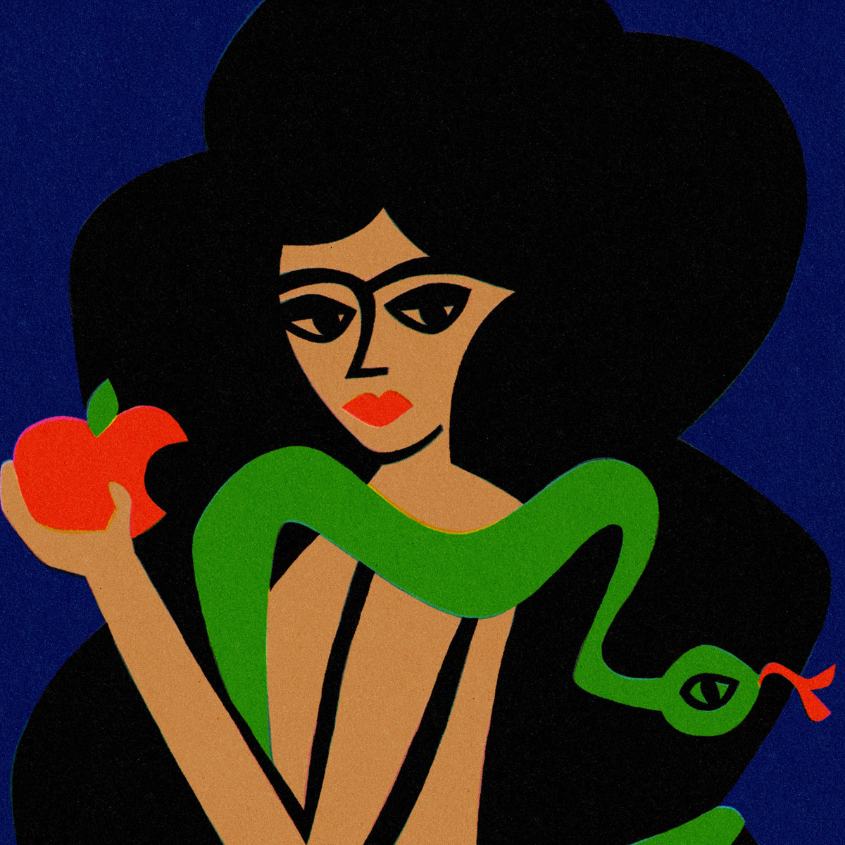 A stylized graphic art print featuring a woman with glasses and black hair holding a red apple, with a green snake wrapping around her, set against a deep blue background.
