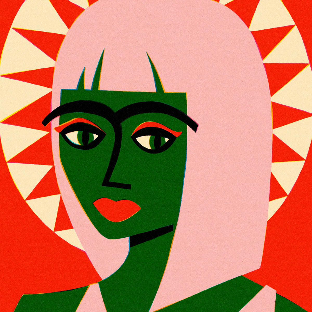 A stylized graphic portrait of a woman with green skin, pink hair, red lips, and a red-and-cream sunburst background.