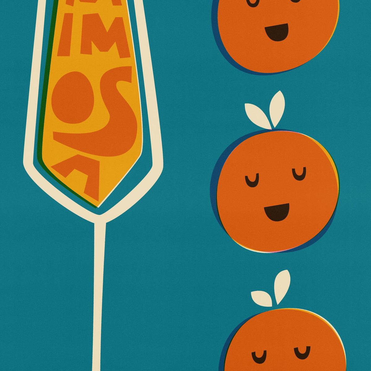 A stylized graphic design featuring three smiling orange characters with leaf tops arranged vertically on a teal background, alongside a partial yellow and orange abstract emblem on the left.