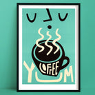 A coffee print featuring a Teal-toned style with a stylised face breathing in steam from a black coffee cup with “YUM” text below.