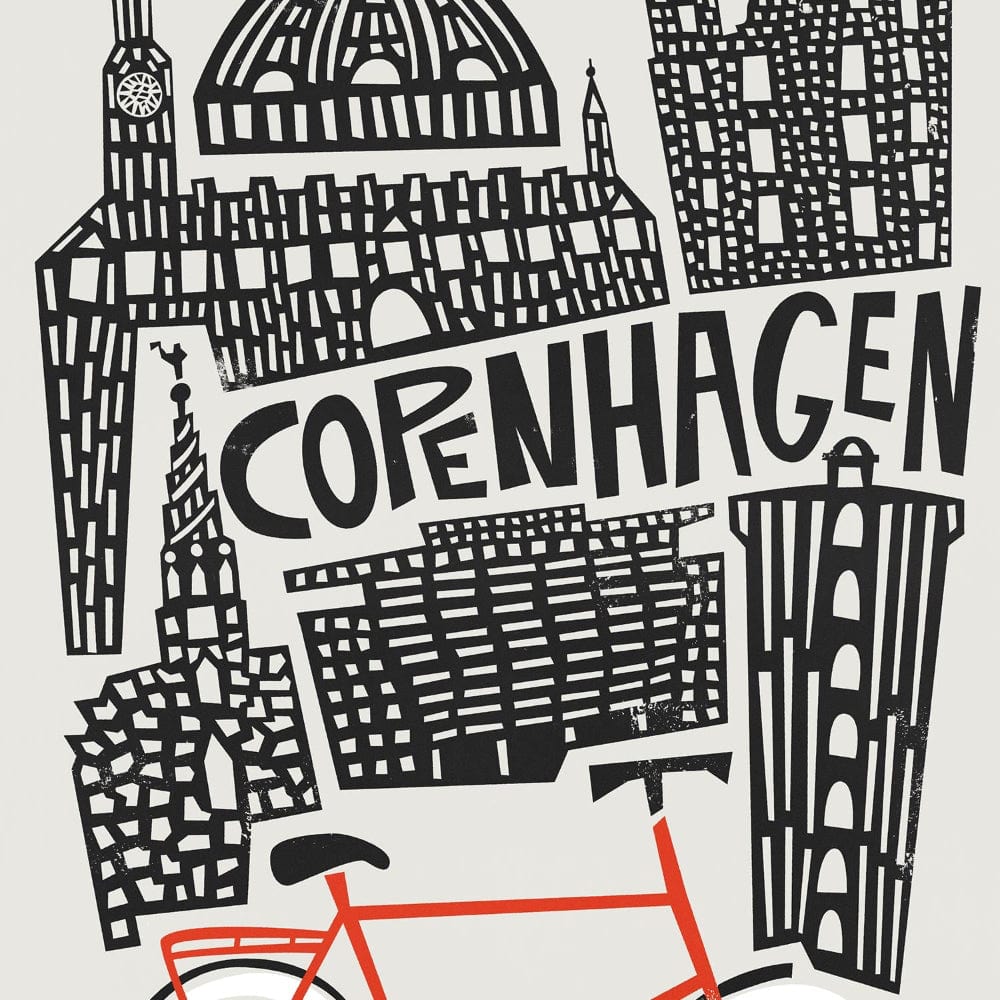 Close-up of the Copenhagen poster showing the intricately drawn buildings and minimalist red bike in sharp contrast.