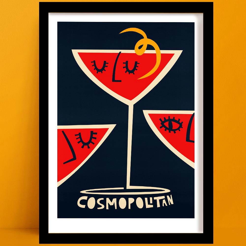 Cosmopolitan cocktail print with three bold red glasses, each styled with a minimal face illustration and citrus twist, framed on a rich ochre background.