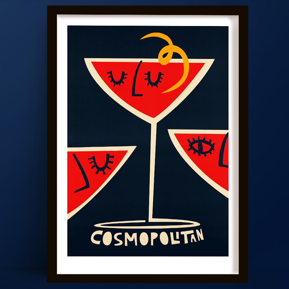 Cosmopolitan cocktail print with three bold red glasses, each styled with a minimal face illustration and citrus twist, framed on a rich ochre background.