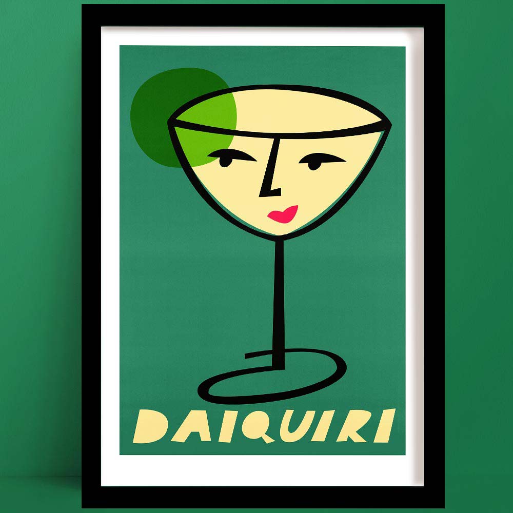 Daiquiri print featuring a martini-style glass with a stylised face and lime green accent, set against a soft green backdrop.