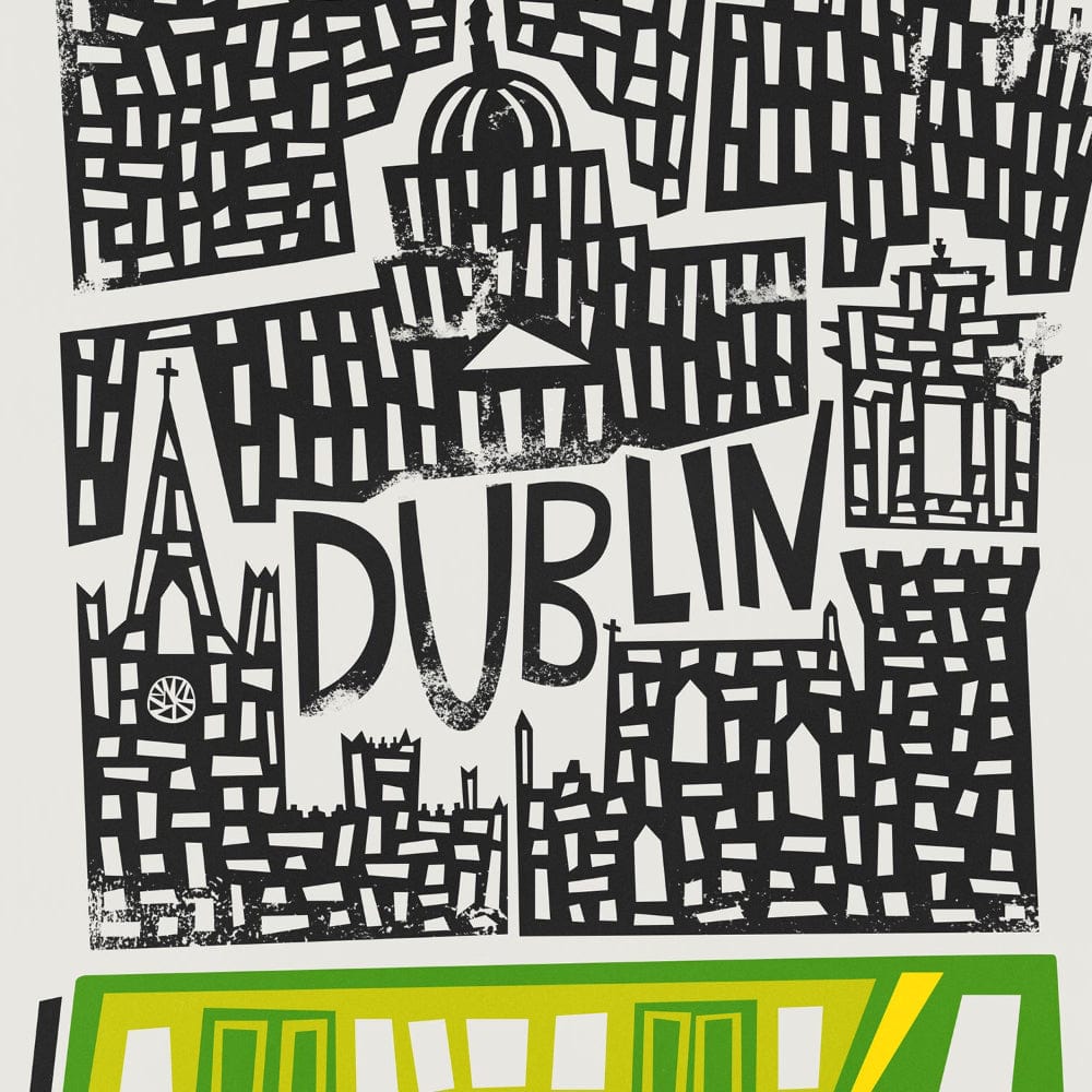 Close-up view of the Dublin city illustration, highlighting its dense architectural drawing style and vivid green tram detail at the bottom edge.