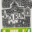 Close-up view of the Dublin city illustration, highlighting its dense architectural drawing style and vivid green tram detail at the bottom edge.