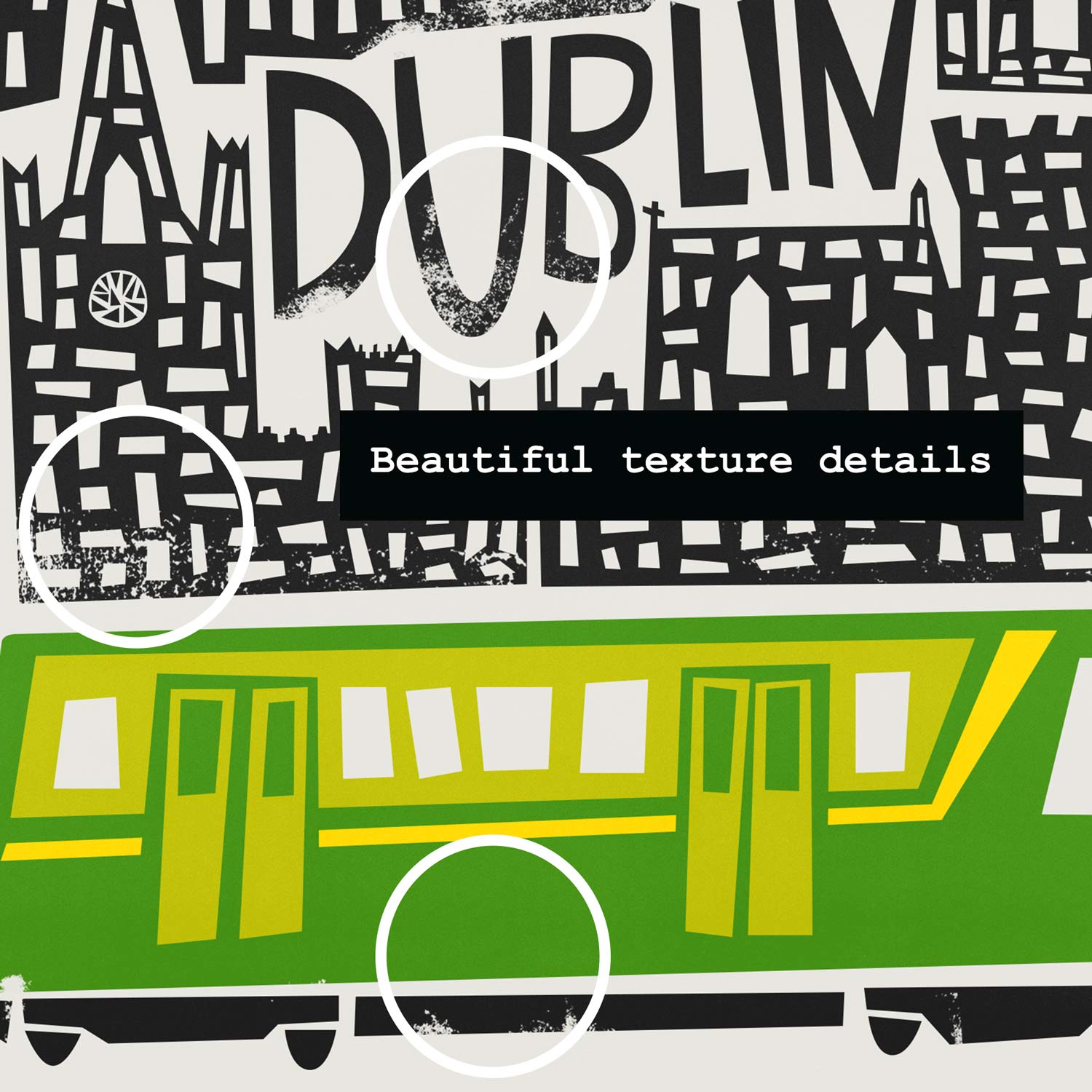 Close-up view of the Dublin city illustration, highlighting its dense architectural drawing style and vivid green tram detail at the bottom edge.