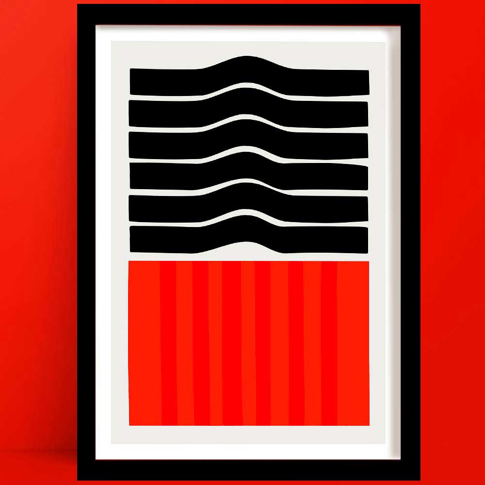 A bold ember abstract print featuring wavy black lines stacked above a deep red gradient block, evoking the glow and movement of slow-burning embers.