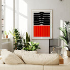 Ember abstract wall art displayed in a bright room, where the dramatic contrast of black and red adds modern sophistication to the clean, minimalist decor.