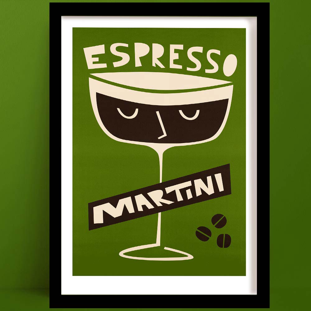 Espresso Martini print with a sleepy-eyed glass illustration and coffee beans, framed on a deep olive green wall.