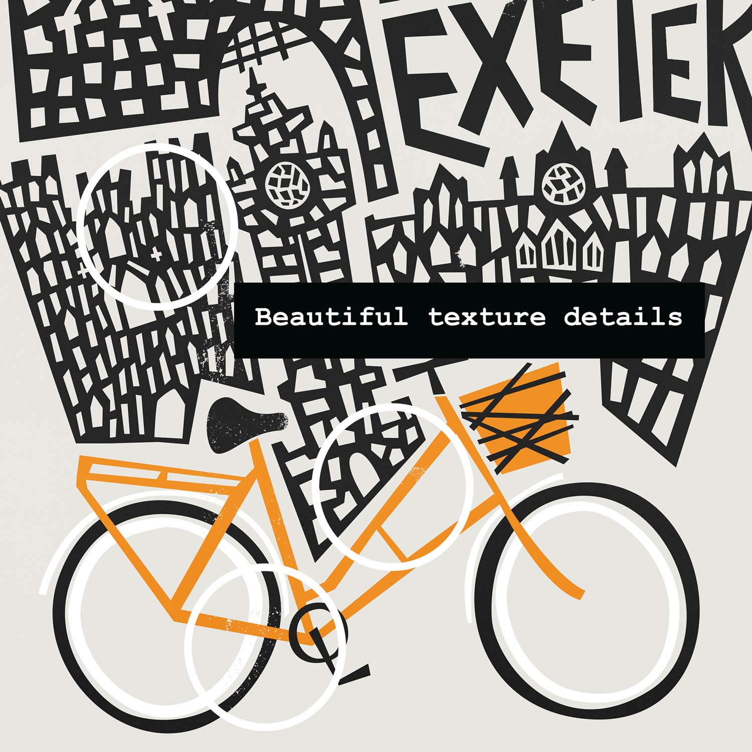 Close-up of Exeter Cathedral detail from the vintage-style city print, showing texture and linework.