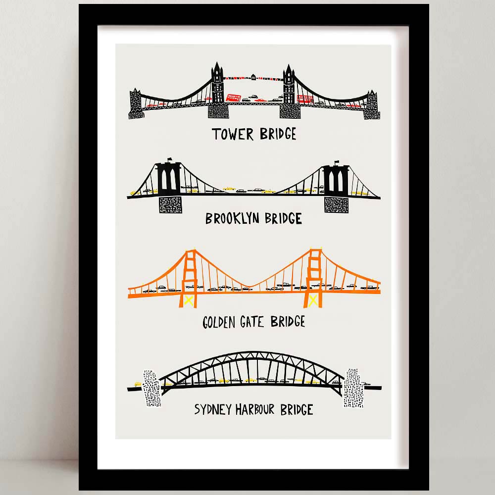 A 4 bridges print with a clean and modern illustration featuring four iconic bridge, Tower Bridge, Brooklyn Bridge, Golden Gate Bridge, and Sydney Harbour Bridge, stacked vertically with hand-lettered labels.