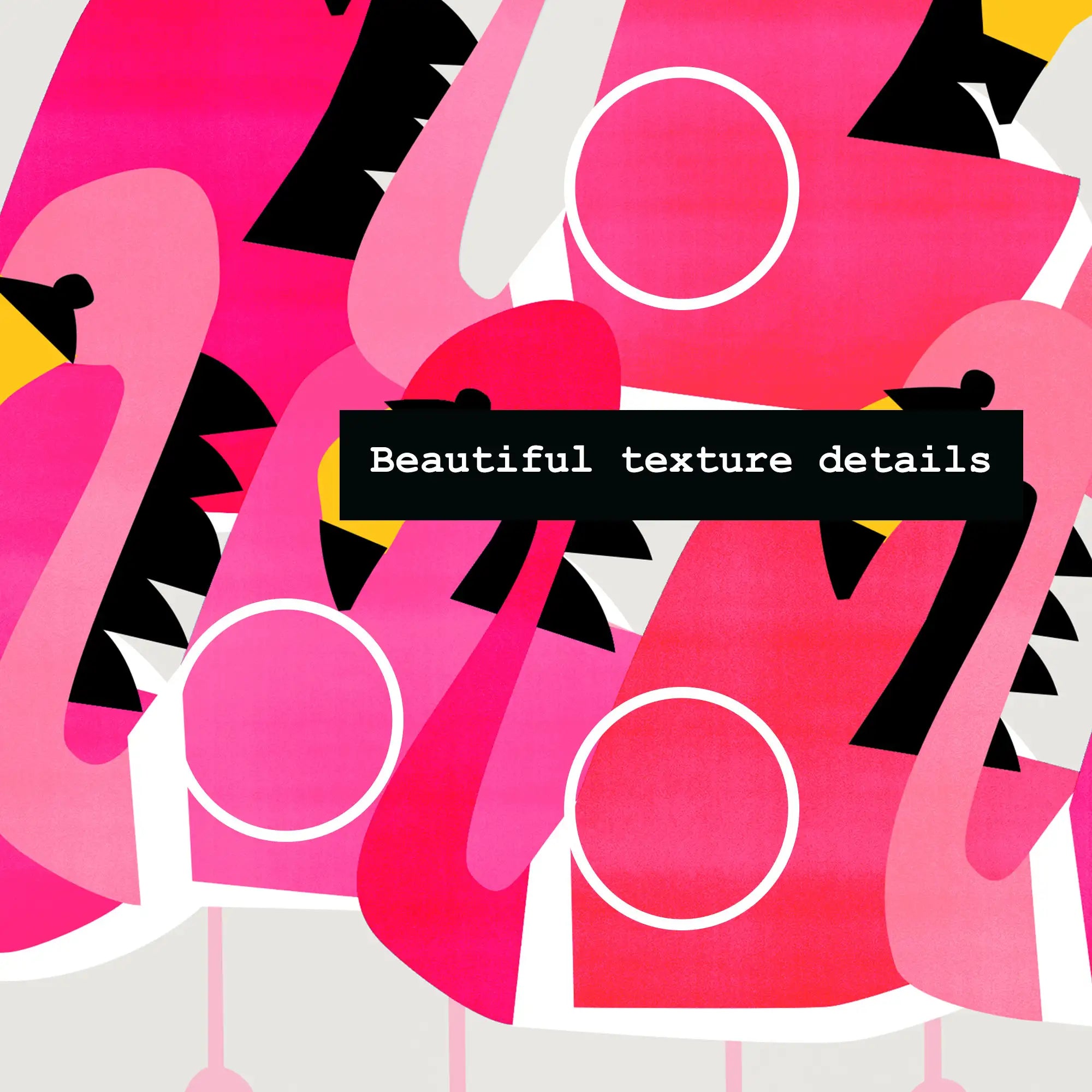 Zoomed-in view of flamingo beaks and heads, showcasing their striking black and yellow details.