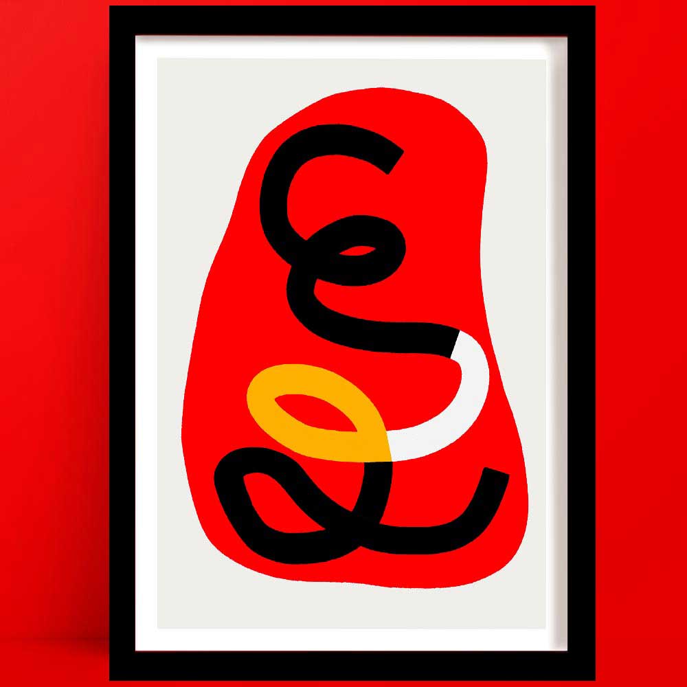 A flare abstract art print, Framed, with red background and black, yellow, and white curves
