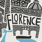Close-up view of the Florence artwork highlighting playful textures, the elegant dome of the Duomo, and the cheerful blue motorbike illustration below.