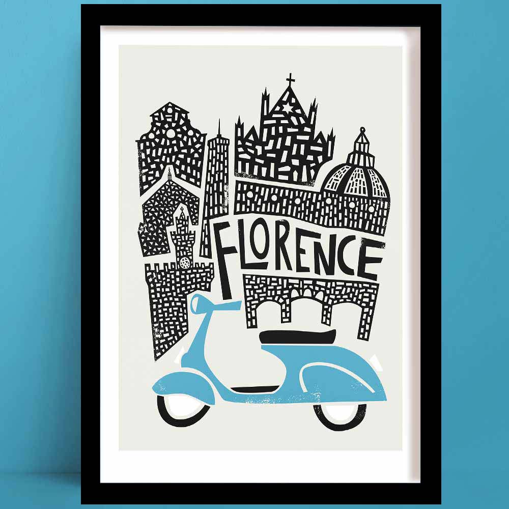 Illustrated Florence print featuring iconic architecture like the Duomo and Palazzo Vecchio, with a charming light blue scooter in the foreground.