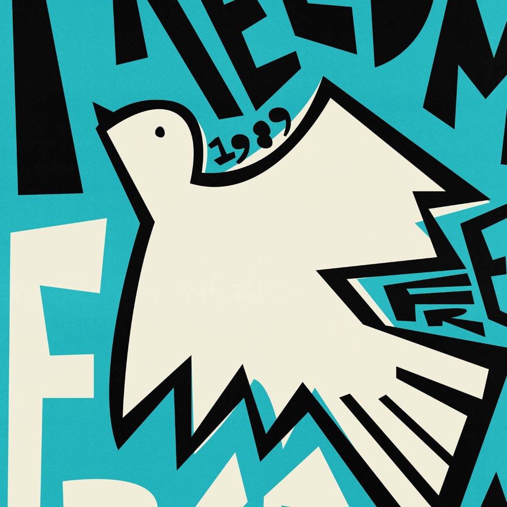 Close-up of stylised dove with bold black outlines and layered ‘free’ lettering