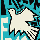Close-up of stylised dove with bold black outlines and layered ‘free’ lettering