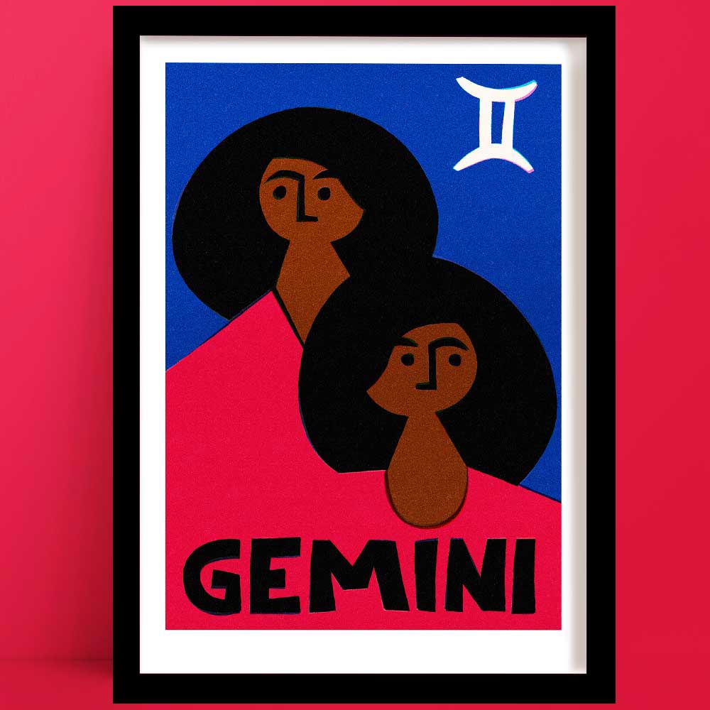 Gemini print featuring two stylised twin figures with dark hair on a bold red and blue background, framed on a deep red wall.