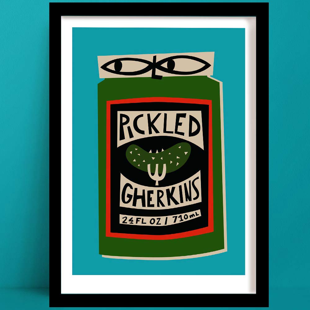 Pickled Gherkins print with green jar, hand-drawn label and stylised black eyes, framed on teal wall.