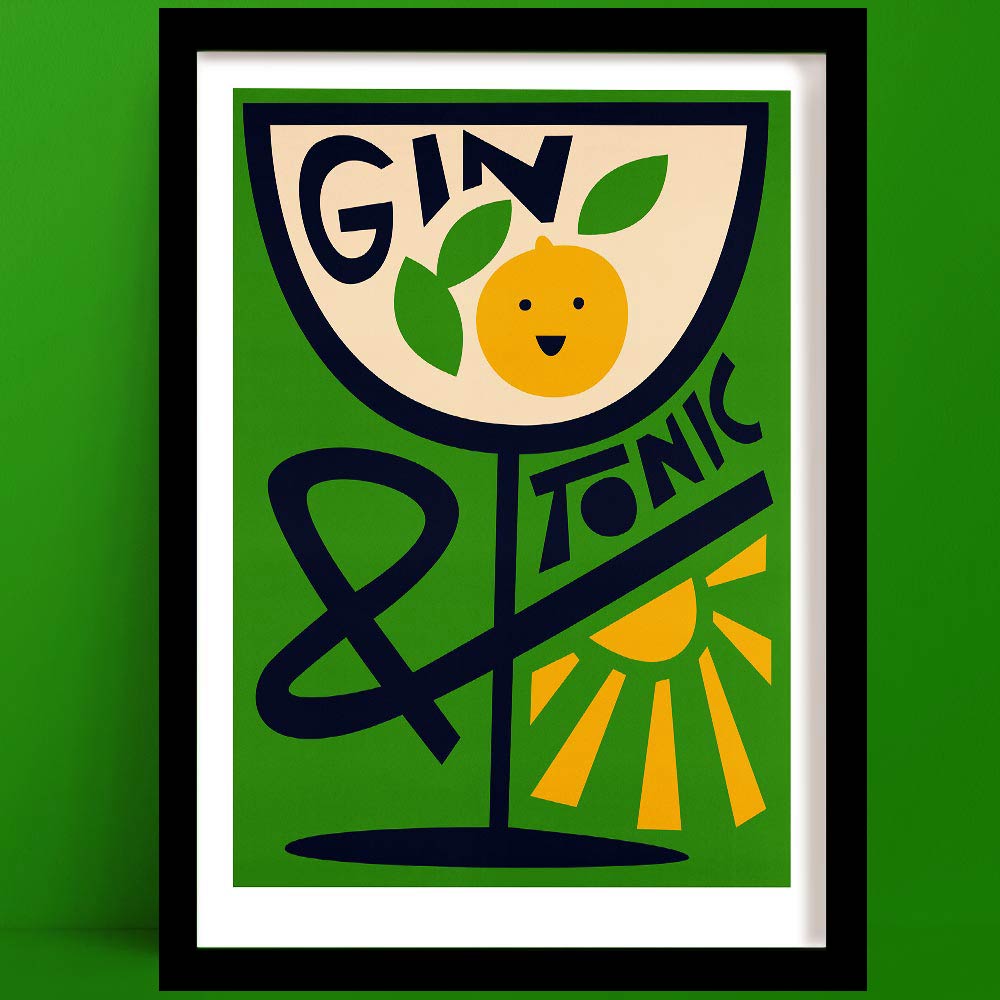 Gin & Tonic print with a smiling citrus face, stylised glass shape, and leafy accents on a vibrant green wall.