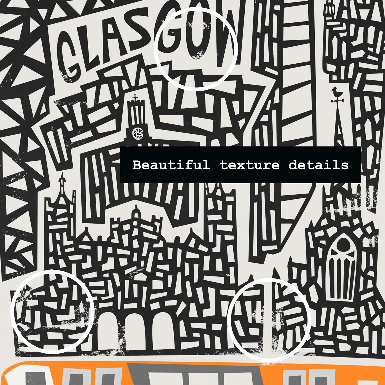 Zoomed-in section of the Glasgow artwork showing playful hand-drawn lettering and stylised buildings like the City Chambers and the SEC Armadillo.